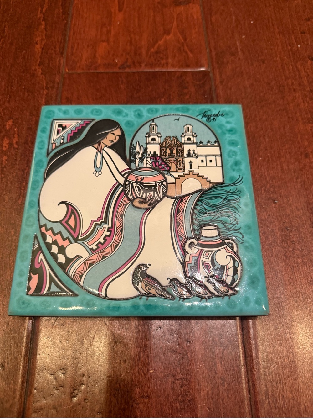 Cleo Teissedre Native American Tile Trivet Studio Pottery 1993  6"